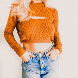 Sky to the Moon Rust Fisherman Cropped Faux 2-Piece Sweater Indie Knit (Size S)